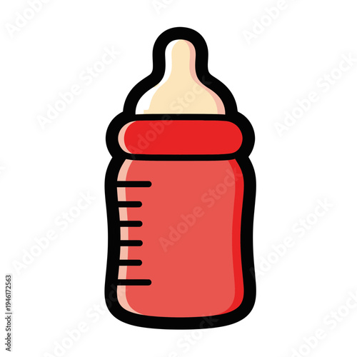 Red Baby Bottle Icon with Nipple and Measurement Markings, Isolated