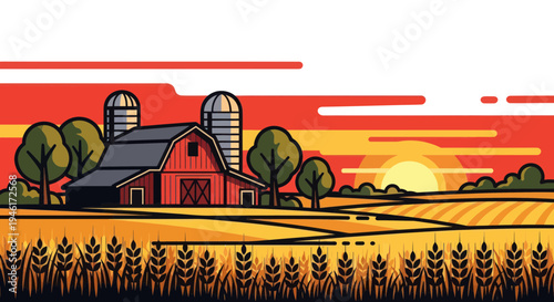 Farm Barn Sunset Landscape with Wheat Field and Silos, Rural Scene