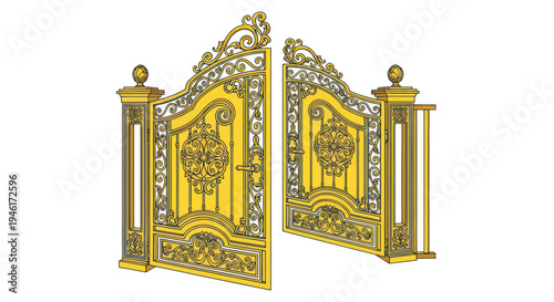 Ornate Golden Entrance Gate, Open, Decorative, Luxury, Architectural Detail