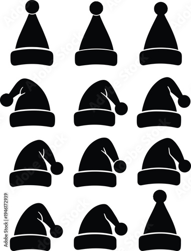 Set of black Santa hat silhouettes in various shapes and positions with pom-poms isolated on white background for Christmas holiday graphic design and stickers