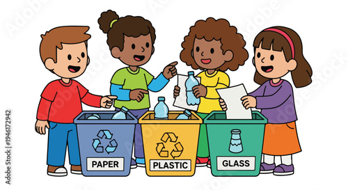 Four diverse children joyfully sort waste into labeled recycling bins for paper, plastic, and glass, promoting environmental care.