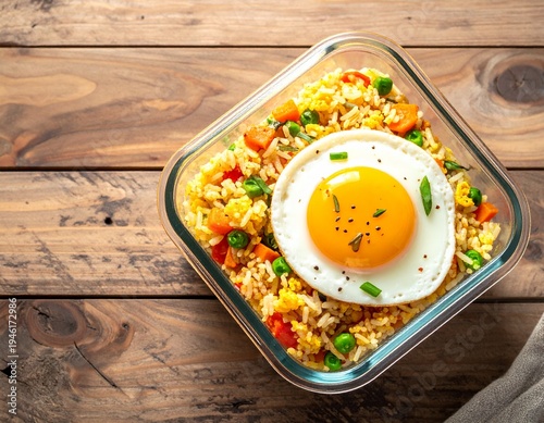 Rustic kitchen flat lay with homemade fried rice meal prep container
