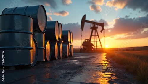 Oil barrels and pumpjack sit at sunset. Industrial landscape depicts energy production, crude oil extraction, and fuel reserves. Global market themes are implied.