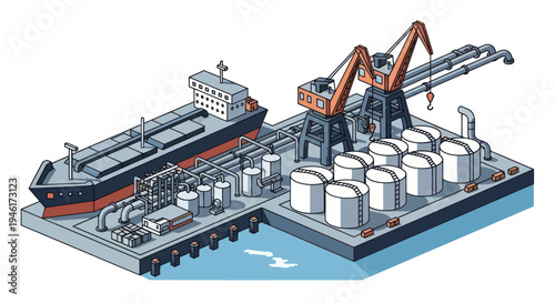 Industrial Port with Cargo Ship and Storage Tanks.