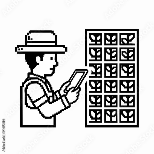 Pixelated Farmer Inspecting Vertical Garden with Tablet.