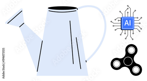 Technology, artificial intelligence, relaxation, gardening, innovation, recreation. A watering can, AI chip and fidget spinner. Artificial intelligence and relaxation concept