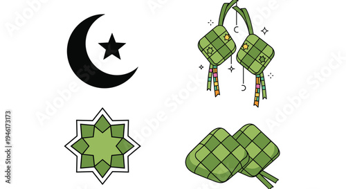 Icon Set Ramadhan Kareem, Eid Mubarak, Eid Al Fitr Flat Minimalist Design Illustration