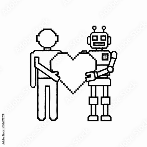 Pixelated human and robot holding a heart together.