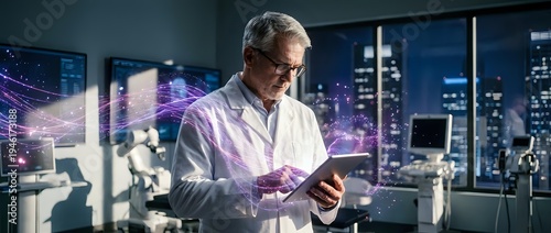 Senior Caucasian male scientist in white lab coat using digital tablet in modern laboratory with city skyline view at night, conducting research analysis.