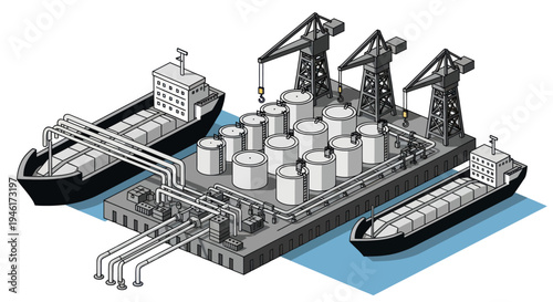 Industrial port with oil tankers and storage tanks.