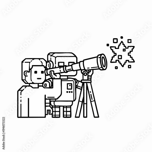 Pixelated robot and person observing a star through a telescope.