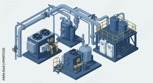 Industrial Processing Plant with Complex Piping and Machinery.