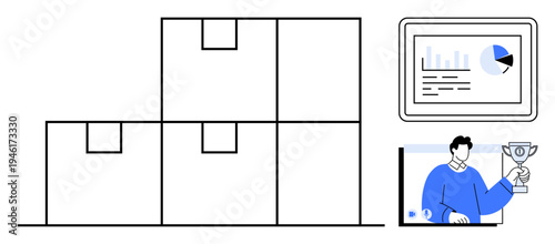 Stacked cardboard boxes, analytics dashboard displaying charts, and an individual holding a trophy in a video call. Ideal for e-commerce, supply chain, logistics, data analytics, fulfillment