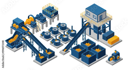 Industrial processing plant with conveyor belts and machinery.
