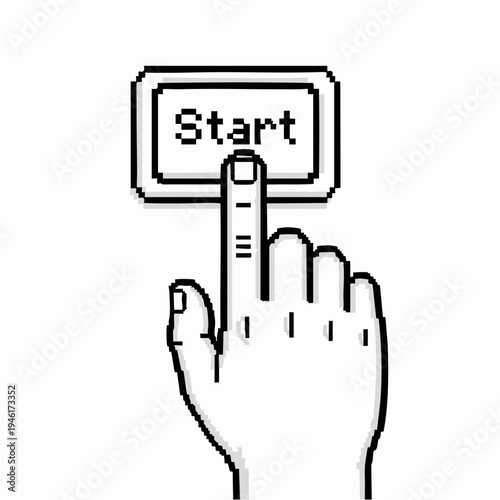 Pixelated Start Button Being Pressed by a Hand.