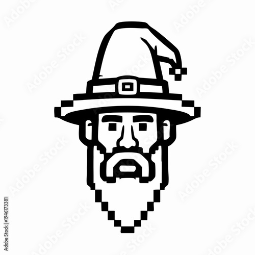Pixelated Wizard Character Head with Hat and Beard.