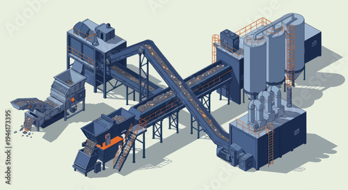 Industrial processing plant with conveyor belts and machinery.