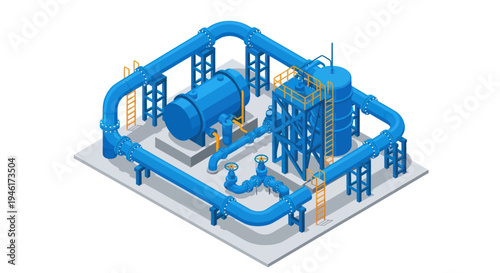Industrial Pumping Station with Blue Pipes and Machinery.
