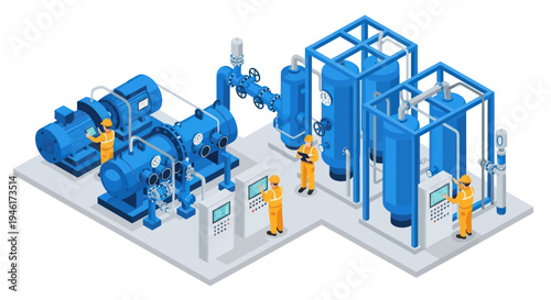 Industrial Pumping Station with Workers and Control Panels.