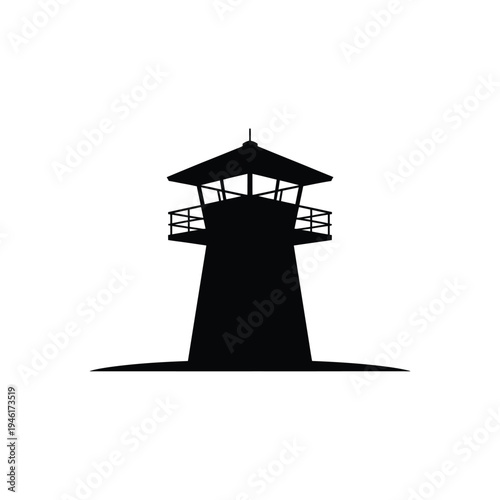 A stark silhouette of a watchtower against a plain white background
