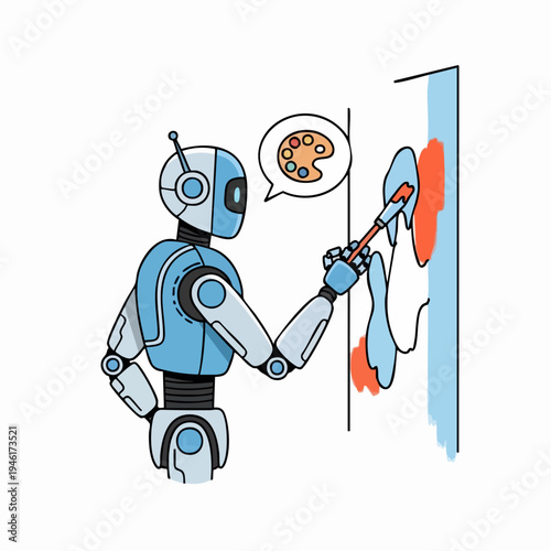 Robot artist painting on a canvas with a palette.
