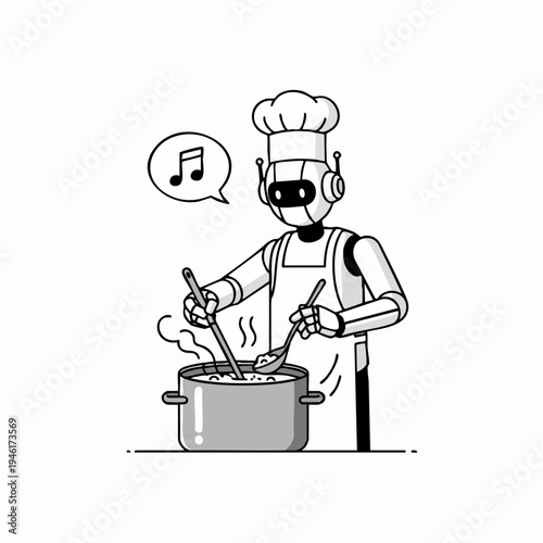 Robot chef cooking food and listening to music.