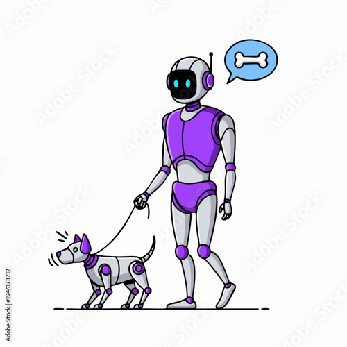 Robot walking a dog with a bone thought bubble.