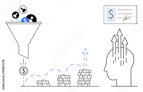 Sales concept. Sales funnel customer conversion, financial growth ed by stacked coins, and analytics-driven insights for business development. Useful for sales, marketing, business strategy, data