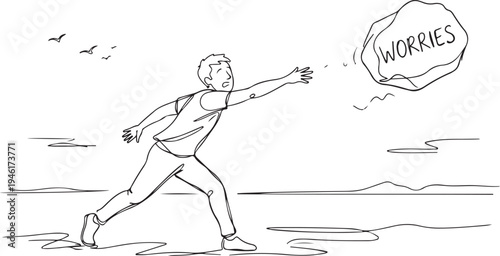 Line art illustration of a man throwing a heavy stone labeled 'WORRIES', representing letting go of stress, anxiety, and mental health burdens to find relief and freedom