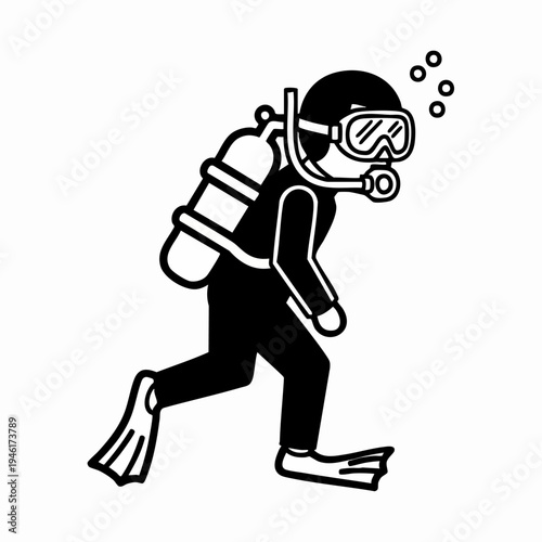 Scuba diver silhouette walking with scuba gear.