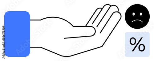 Financial hardship, economic assistance, charity, support, donation, social inequality. A hand reaching out with sad face and percent symbol. Financial hardship and economic assistance concept