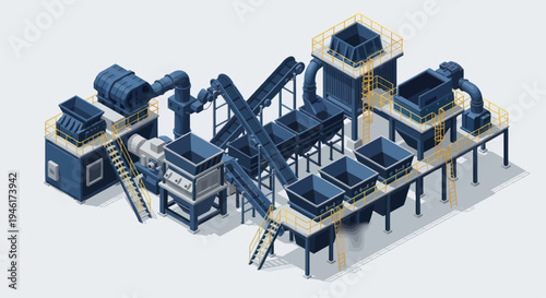 Industrial Recycling Plant Machinery Isometric View.