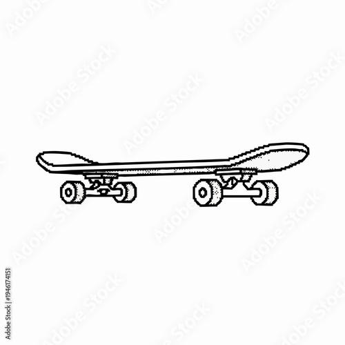 Simple Line Drawing of a Skateboard on White Background.