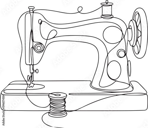 Minimalist Continuous Line Drawing of a Vintage Sewing Machine for Tailoring and Dressmaking, One Line Art Illustration with Thread Spool.