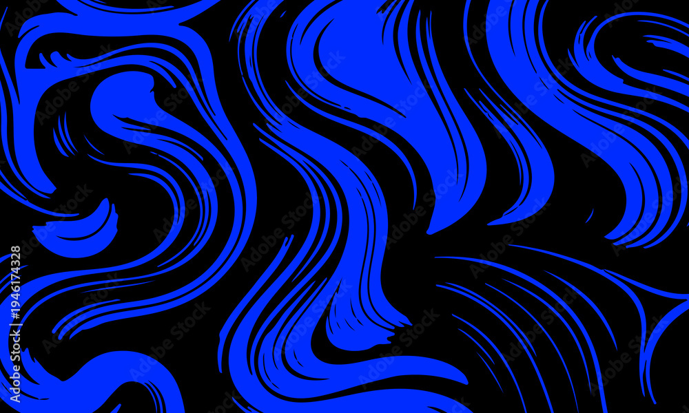Fototapeta premium Abstract black and blue swirl pattern with organic linocut texture. dynamic fluid.