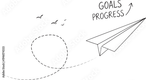 Minimalist sketch of a paper airplane flying towards goals and progress text, symbolizing business growth, startup success, and achievement journey.
