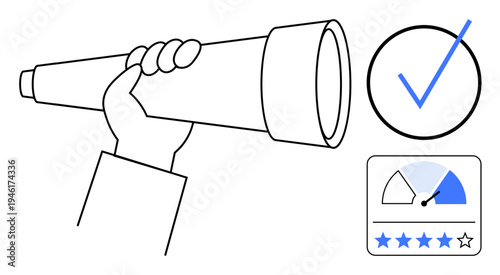 Success concept. Success through a telescope, checkmark, and rating scale vision, achievement, and progress. Success in business, goal-setting, quality control innovation leadership