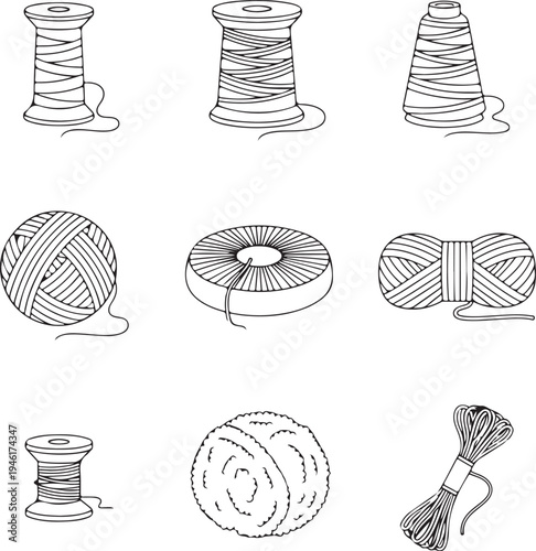 Set of Sewing and Knitting Supply Icons, Thread Spools, Yarn Balls, Skeins for Needlework, Tailoring and Craft