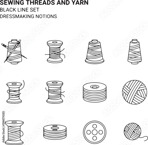 Sewing Threads and Yarn Black Line Icon Set featuring Spools, Bobbins, and Knitting Supplies for Dressmaking and Tailoring