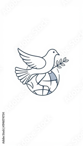 Minimalist line art dove of peace holding plant sprig, no war symbol with heart and globe ,  Harmony,  Globe