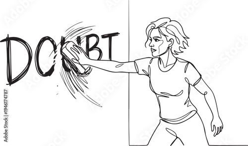 Continuous Line Art Illustration of a Woman Erasing the Word Doubt, Representing Self-Confidence, Overcoming Mental Barriers, and Positive Thinking Concept.