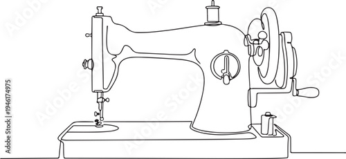 Continuous Line Drawing of a Vintage Sewing Machine, Minimalist One Line Art of Manual Tailor Equipment