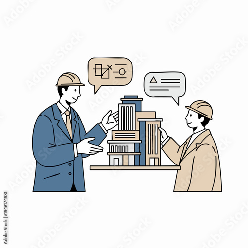 Two architects discussing building model project plans.