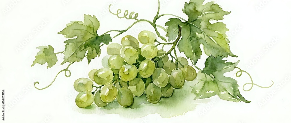 Obraz premium Fresh green grapes cluster with vine leaves and tendrils in watercolor style on white background for wine labels and organic food packaging design.