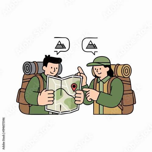 Two hikers planning their route using a map.