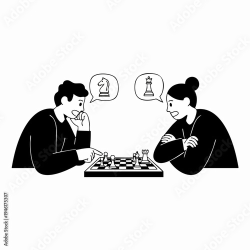 Two people playing chess intensely with strategic thoughts visualized.