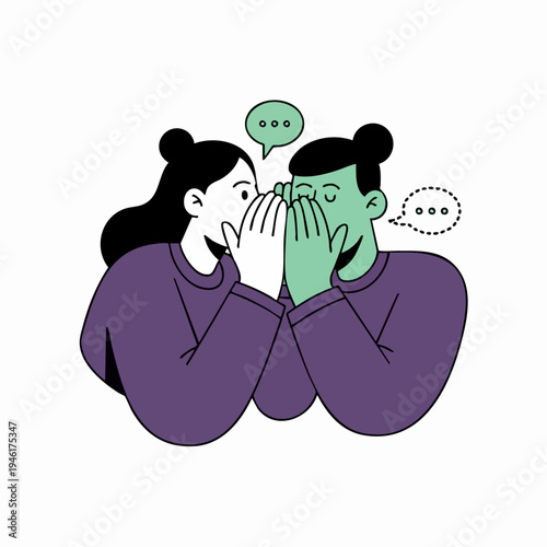 Two people whispering secrets to each other illustration.