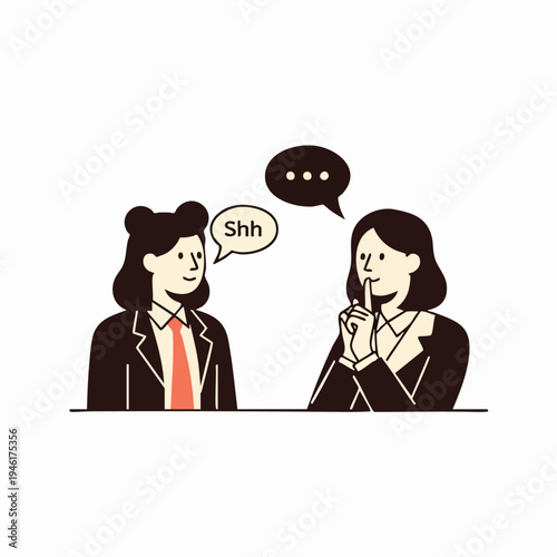 Two women sharing a secret, one asking for silence with Shh speech bubble.