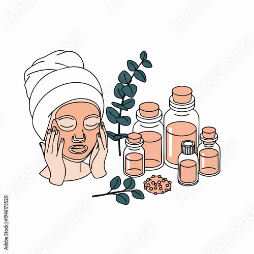 Woman applying facial mask with essential oils and herbs.