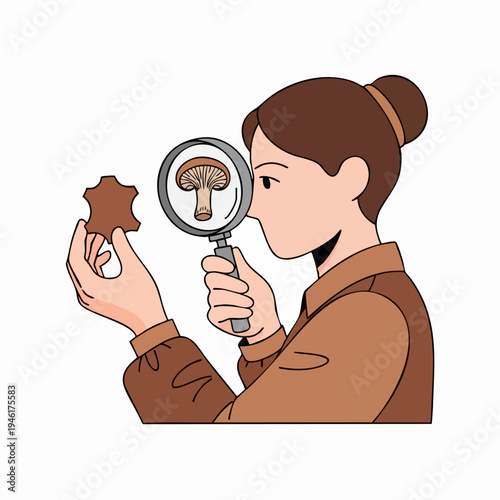 Woman examining a mushroom with a magnifying glass, illustrating scientific inquiry and discovery.